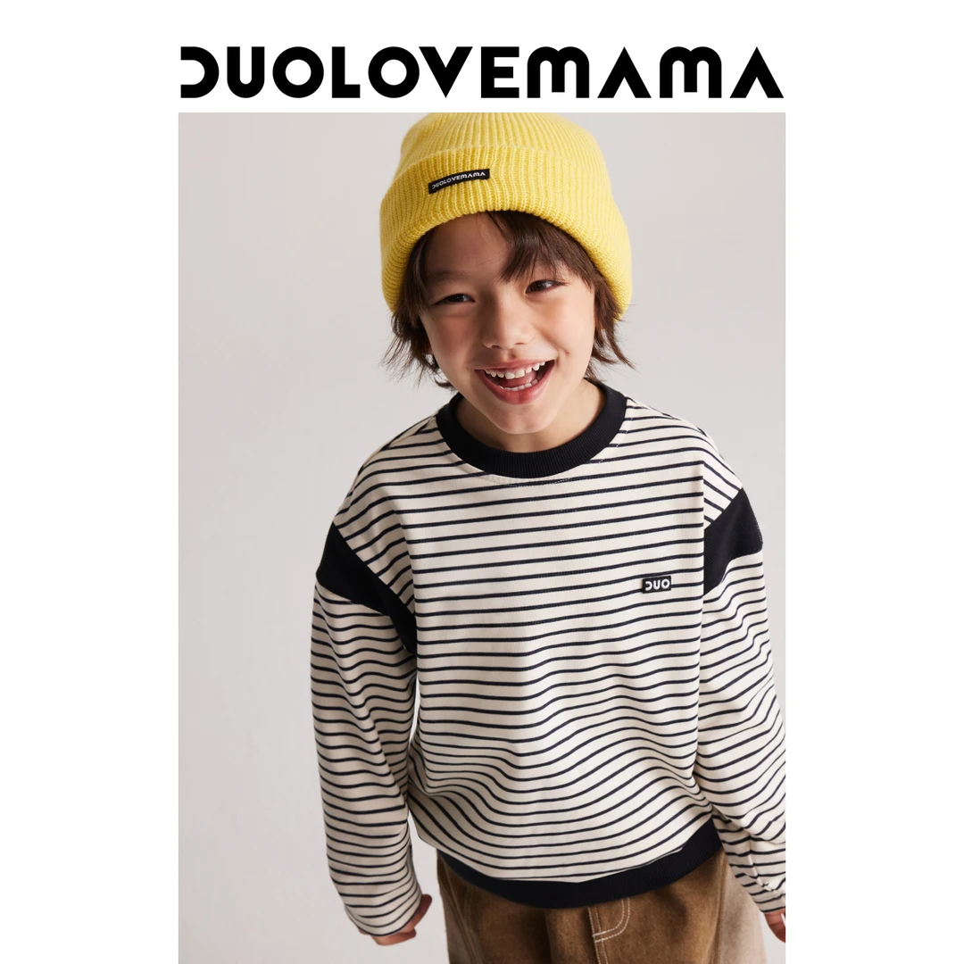 DUOLOVEMAMA  条纹撞色拼接儿童卫衣休闲宽松亲子秋季时髦上衣