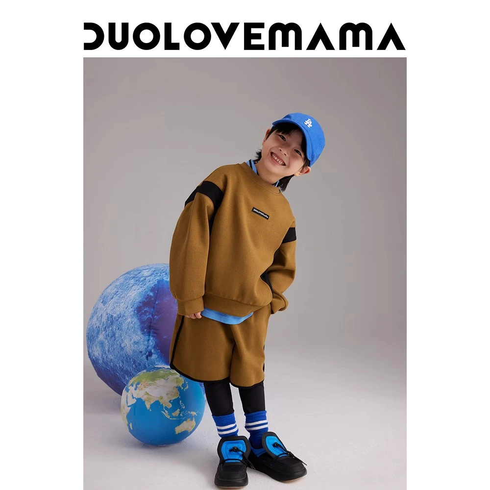 DUOLOVEMAMA 撞色拼接圆领卫衣假两件包边短裤男女童儿童套装秋款