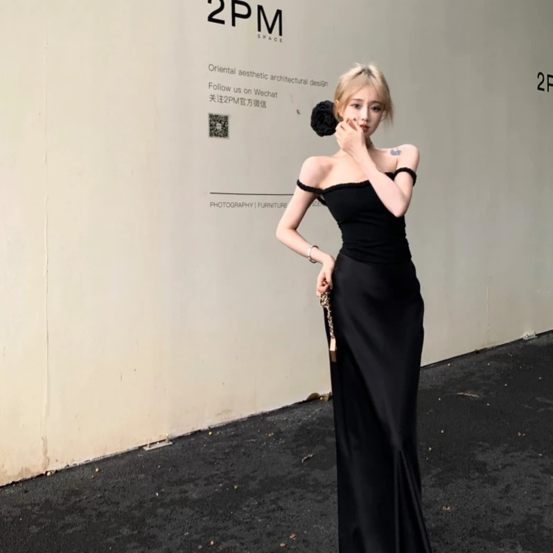 ins卡戴珊欧美性感个性吊带裙平口高妹加长款裙子过膝鱼尾连衣裙