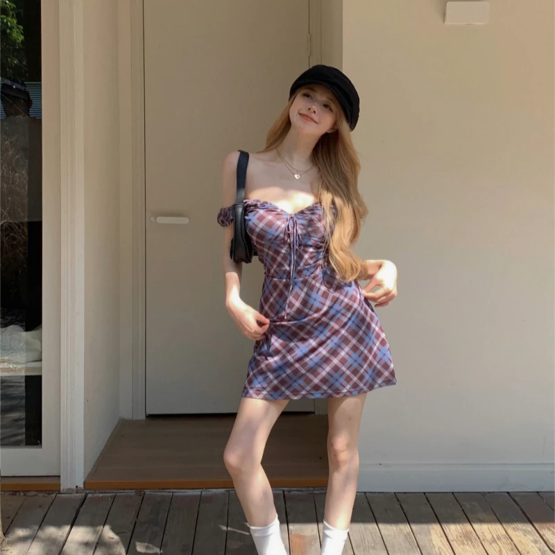 美式复古校园风格子V领纯欲辣妹连衣裙女春夏收腰显瘦A字包臀短裙