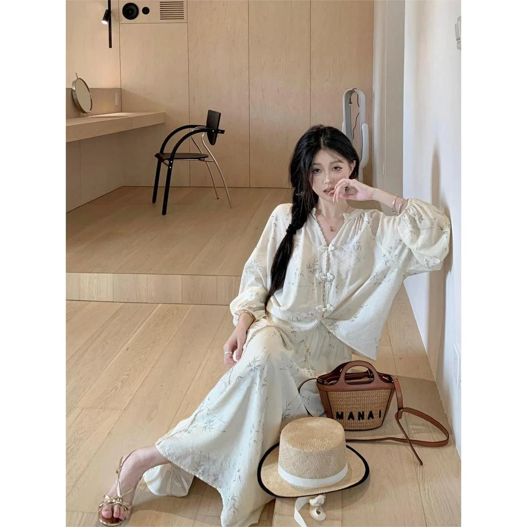 新中式甜美套装防晒宽松长袖衬衫女秋季高腰半身裙温柔风两件套潮