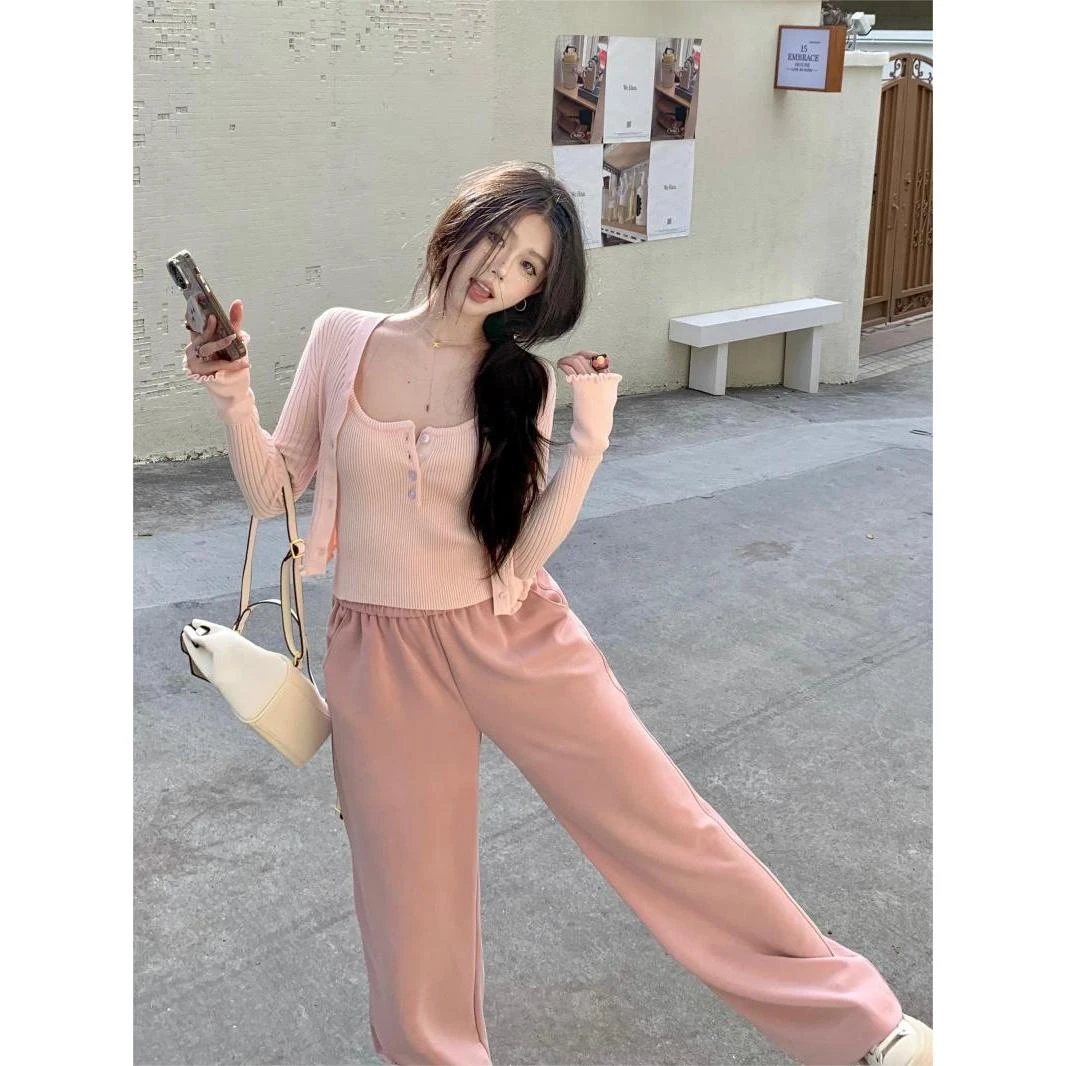甜辣妹粉色针织开衫背心小吊带女秋季纯欲显瘦宽松阔腿裤套装潮