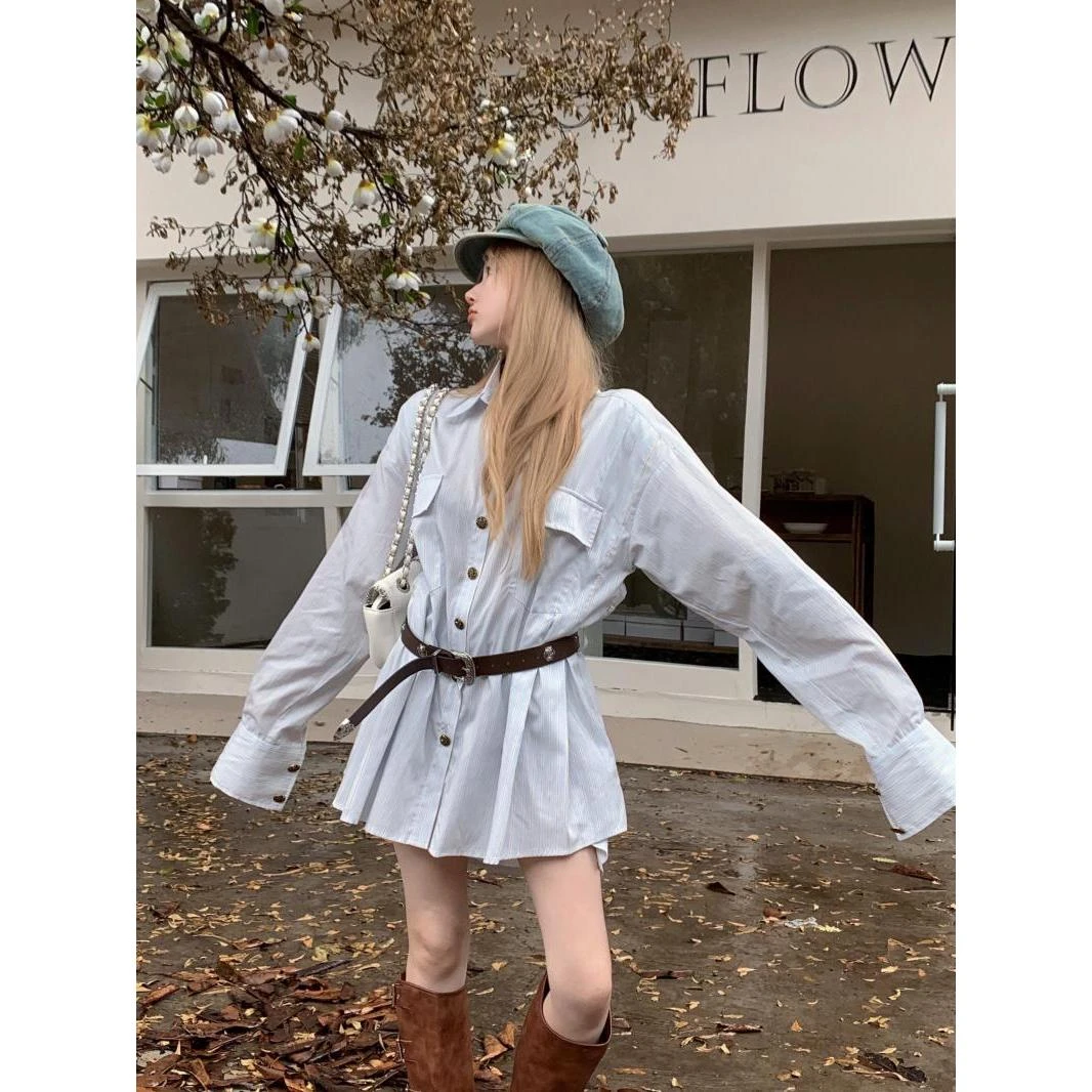 宽松韩版polo领衬衫连衣裙女秋季设计感长袖衬衣裙子收腰a字短裙