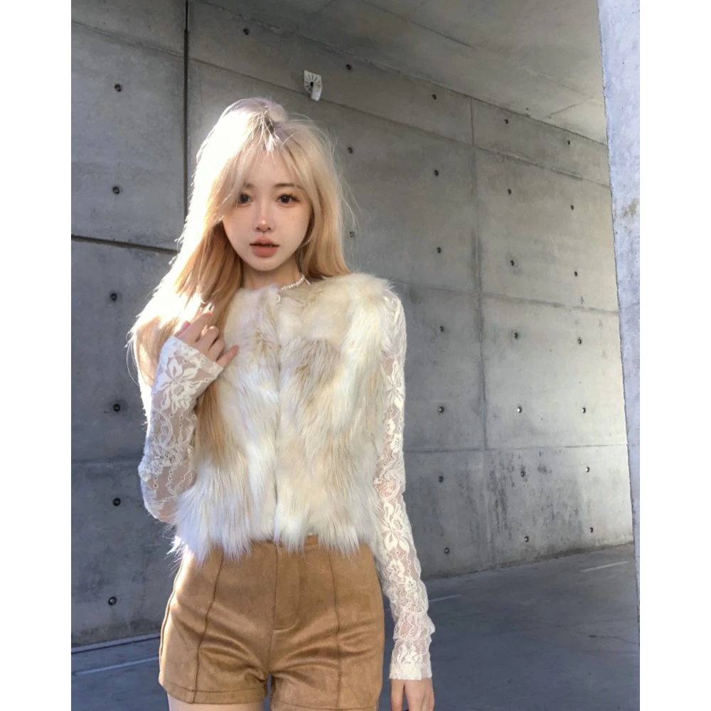 甜辣妹环保皮草毛茸茸背心马甲外套女秋冬短款镂空打底上衣两件套