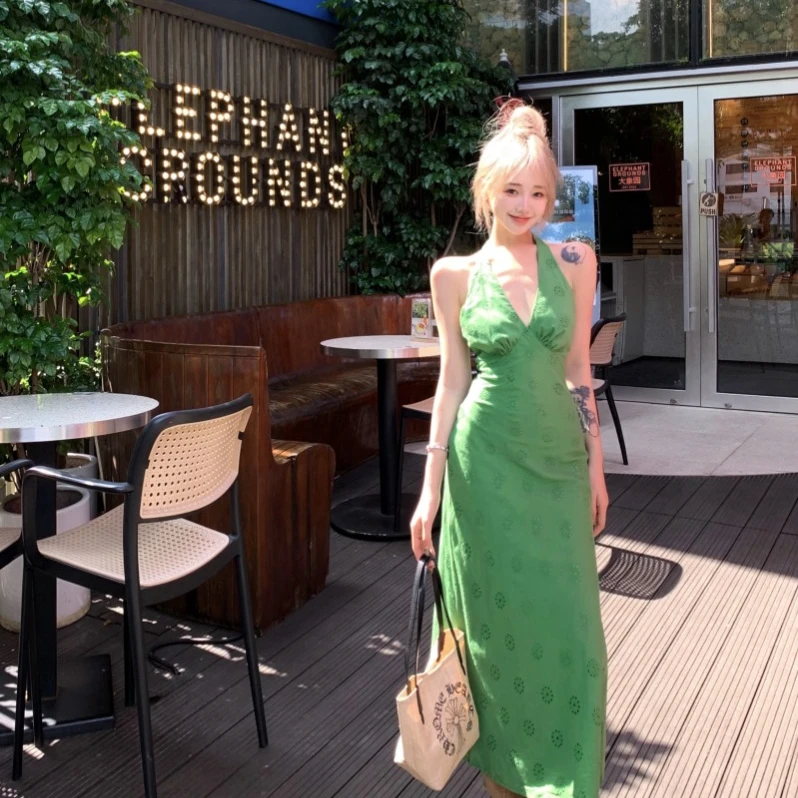 复古绿色V领无袖针织吊带连衣裙女夏季收腰显瘦包臀裙子修身长款