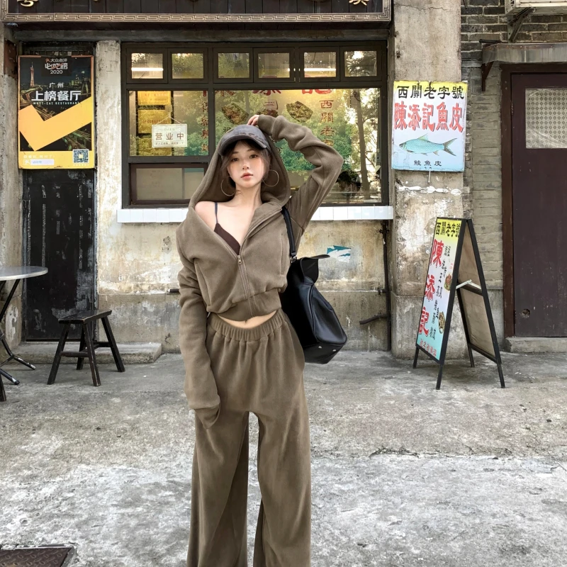 加绒连帽卫衣女秋街头休闲短款拉链开衫上衣卫裤美式背心宽松时尚