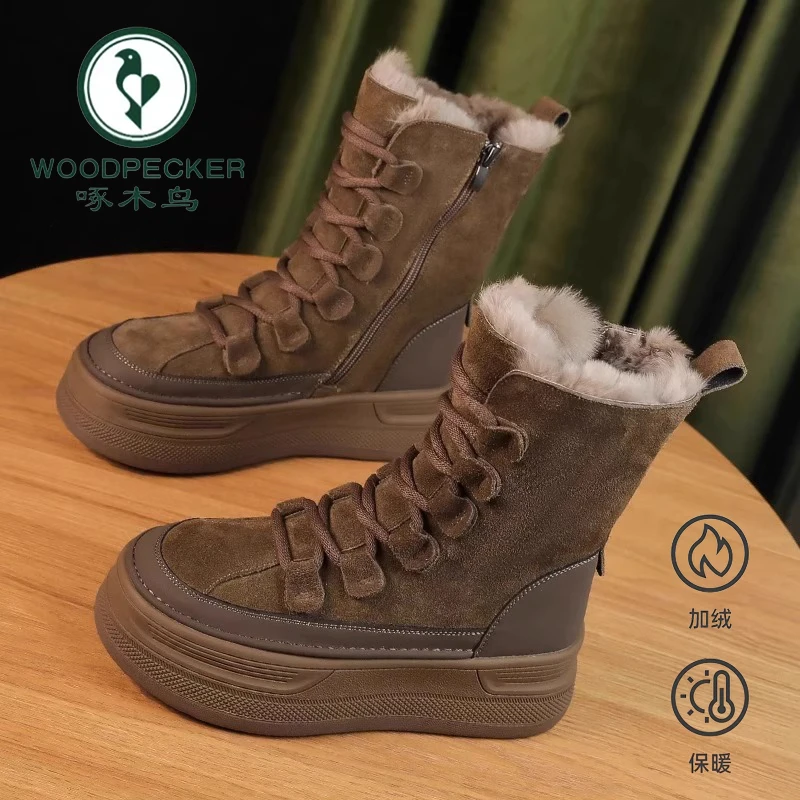 啄木鸟大牌厚底增高中筒雪地靴女款2024冬季加绒保暖防水防滑短靴