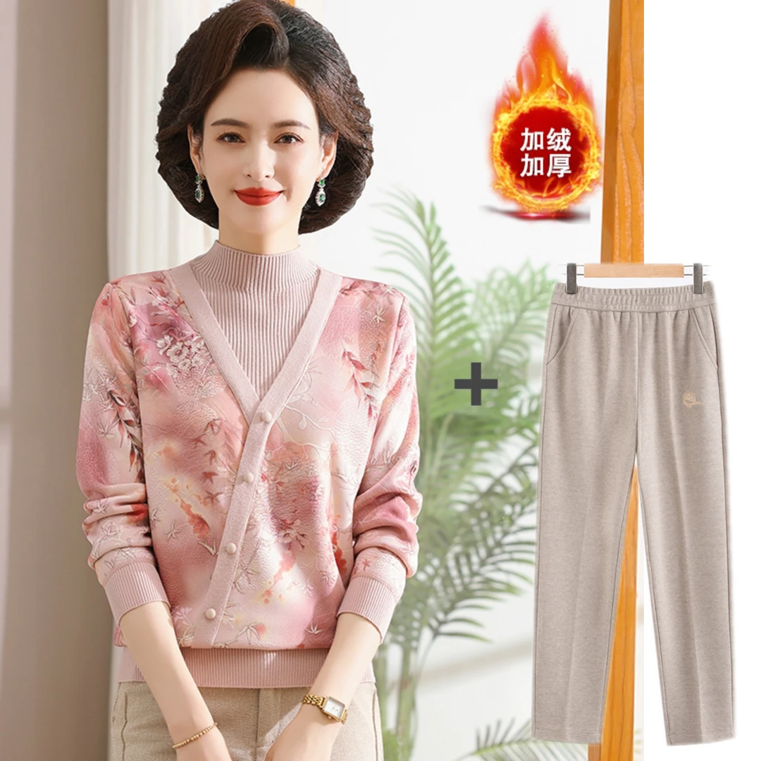 中老年女装冬款加绒打底半高领气质加厚秋冬小衫洋气妈妈装假两件