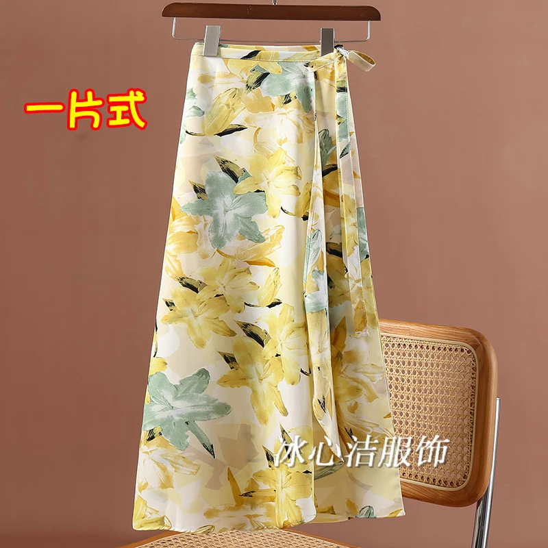 杏色一片式碎花雪纺绑带半身裙女夏季新款沙滩裙裹裙长裙子薄款