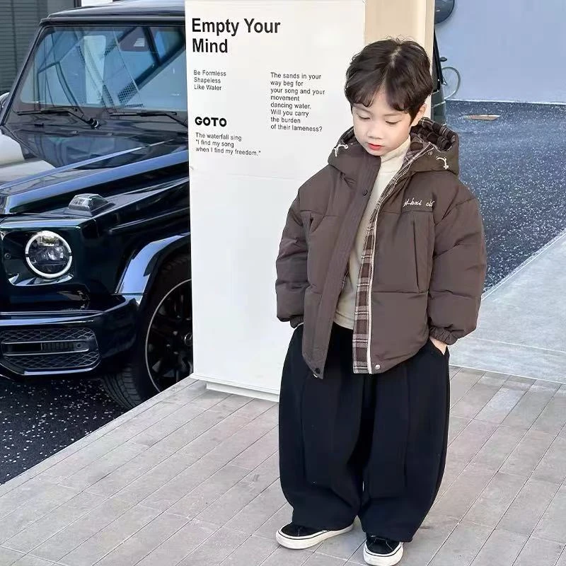 儿童棉服男童宝宝冬装2024冬季新款男孩格子加厚两面穿厚款外套潮