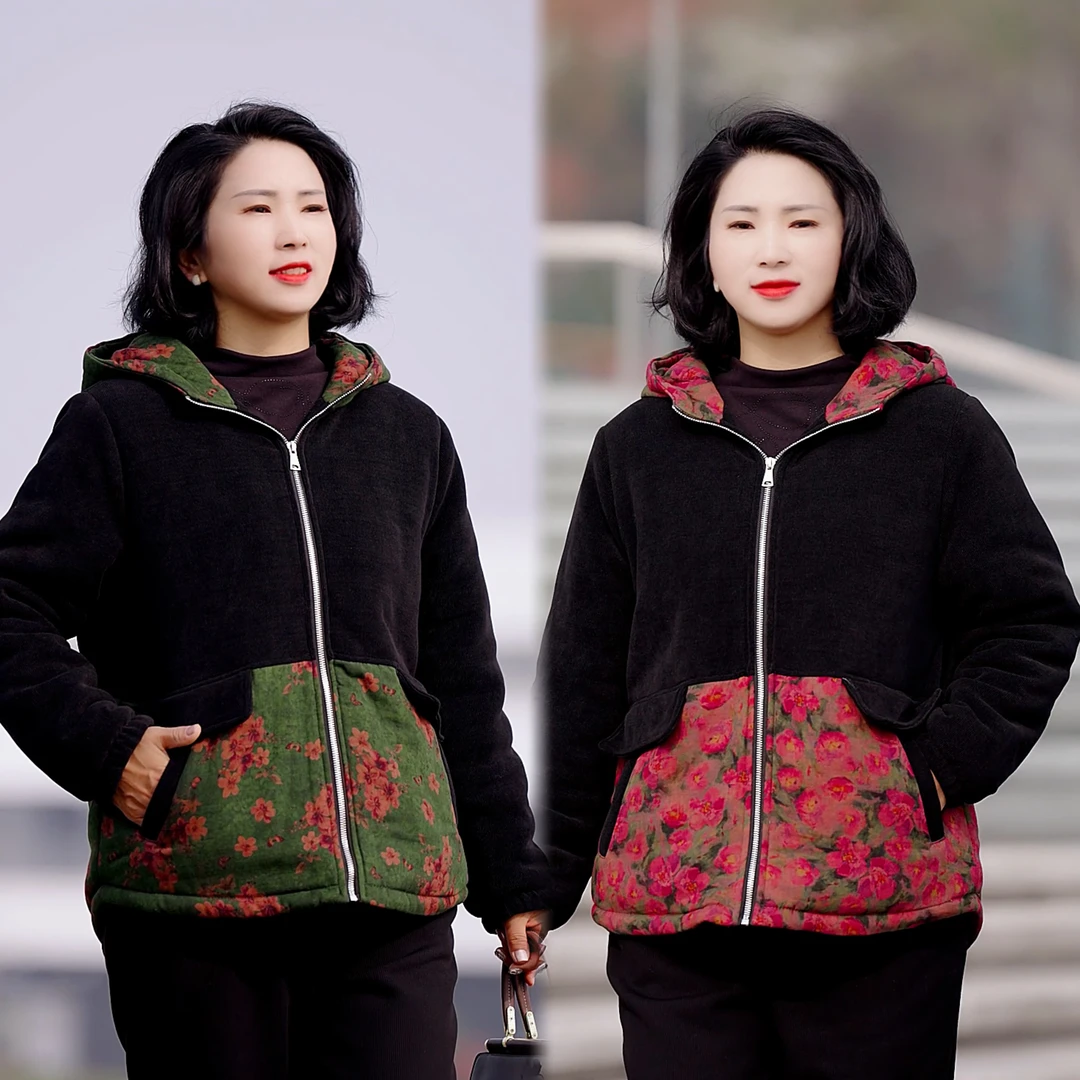 慕琳娅冬季新款加绒加厚连帽拉链棉衣拼接撞色设计感妈妈装棉袄女