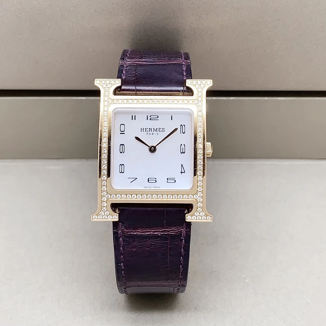 99新 Hermes/爱马仕 HEURE H系列/18k金原钻/26.6*35.6mm/石英表