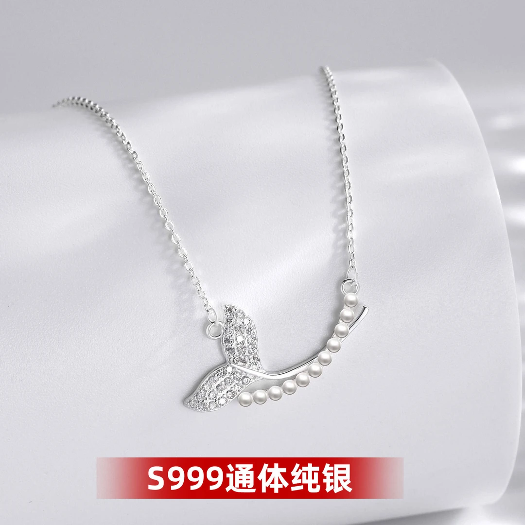 S999纯银鱼尾项链闪钻时尚轻奢风锁骨链气质个性颈链