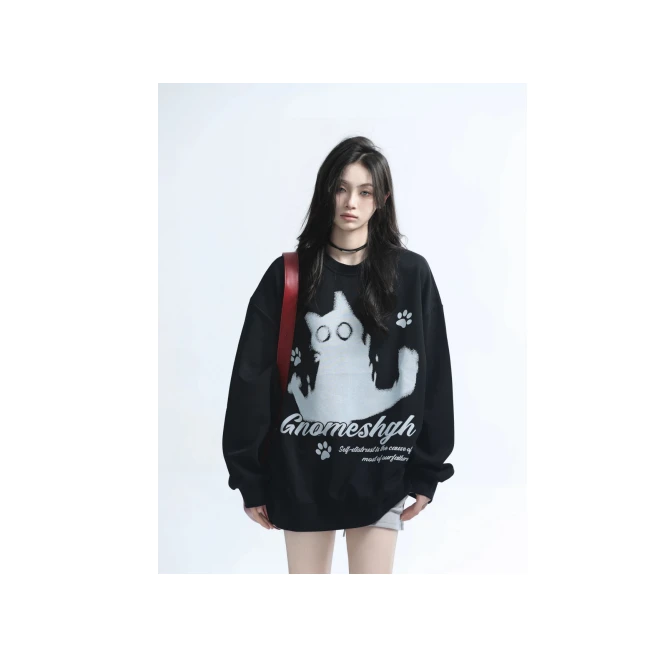 国潮牌设计感小猫印花圆领卫衣宽松情侣百搭休闲上衣