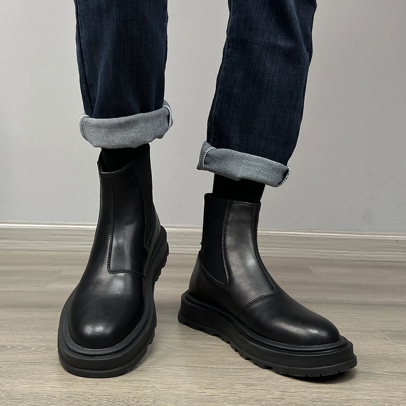 切尔西靴男士高帮英伦风套脚靴子百搭软皮马丁靴时尚中帮烟筒靴潮