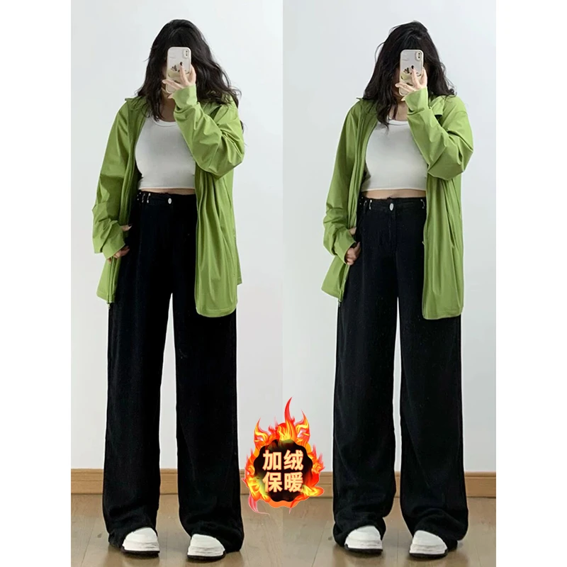 300斤大码胖mm黑灰色加绒牛仔裤女冬季新款显瘦梨形身材阔腿裤子