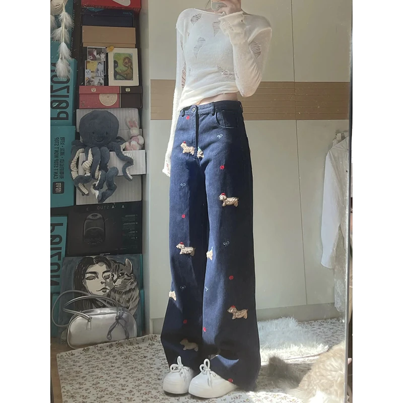 300斤大码美式小狗刺绣阔腿牛仔裤女秋季胖mm高腰宽松显瘦直筒裤