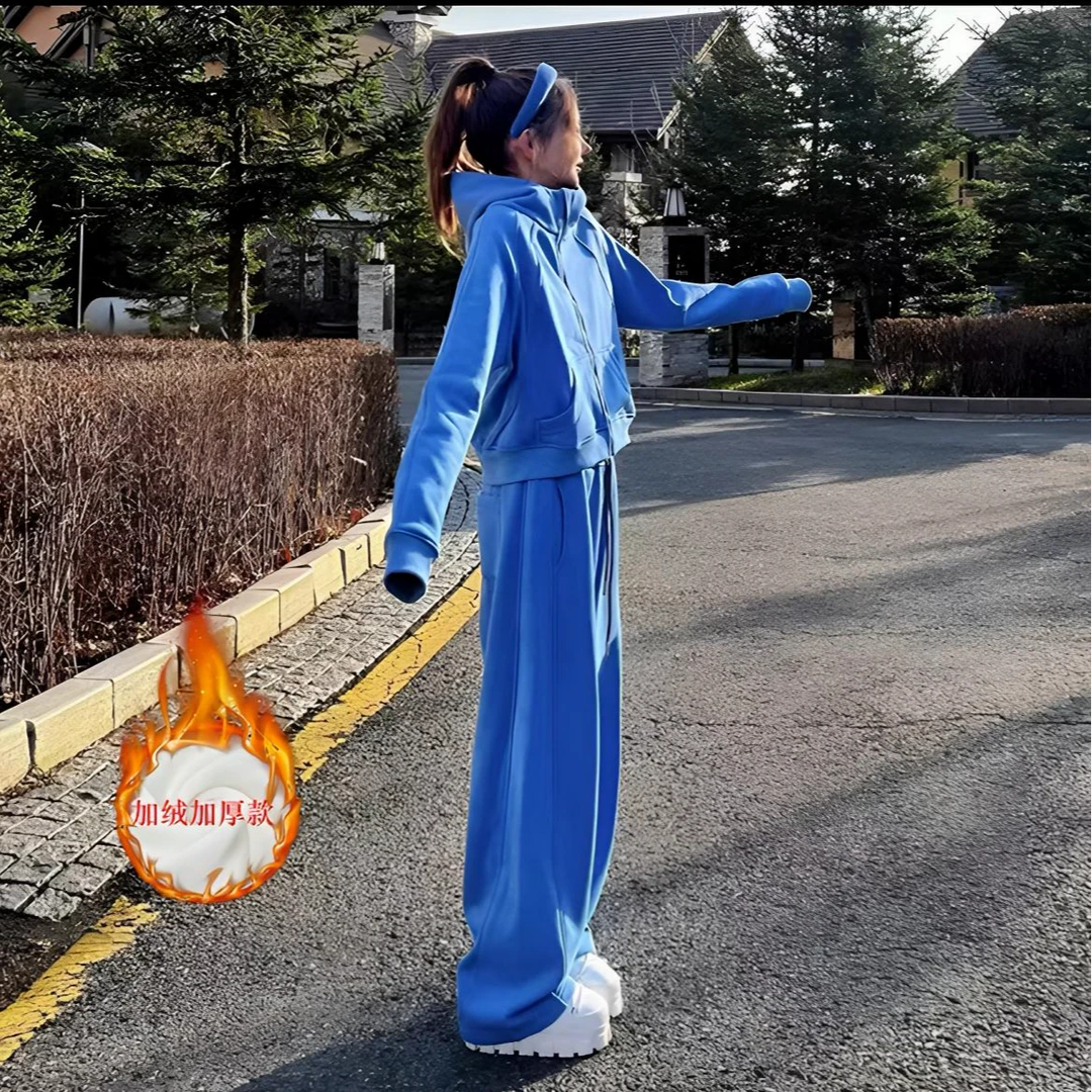 欧货蓝色休闲运动连帽卫衣套装女秋冬加绒高级感减龄洋气两件套潮