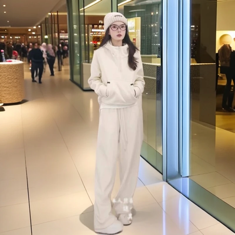 【金三三】加绒加厚连帽半拉链卫衣百搭直筒裤休闲显瘦运动两件套