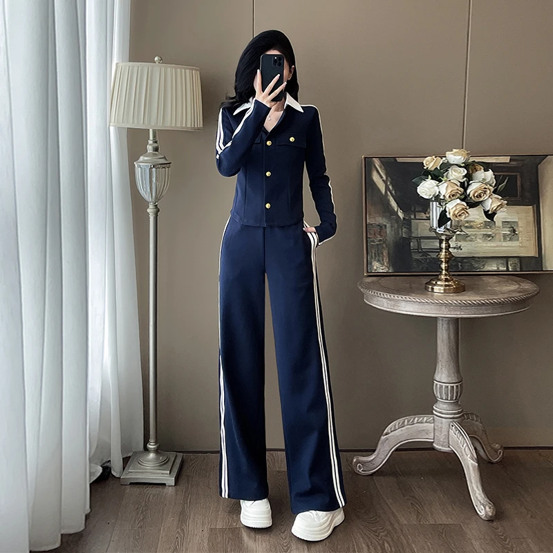 蓝色运动休闲套装女秋冬2024新款显瘦减龄洋气炸街卫衣卫裤两件套