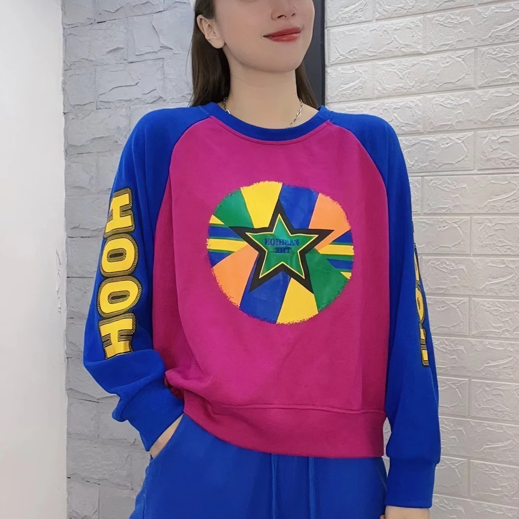 2023春季潮流宽松休闲时尚百搭减龄短款圆领拼色字母卫衣女7009#