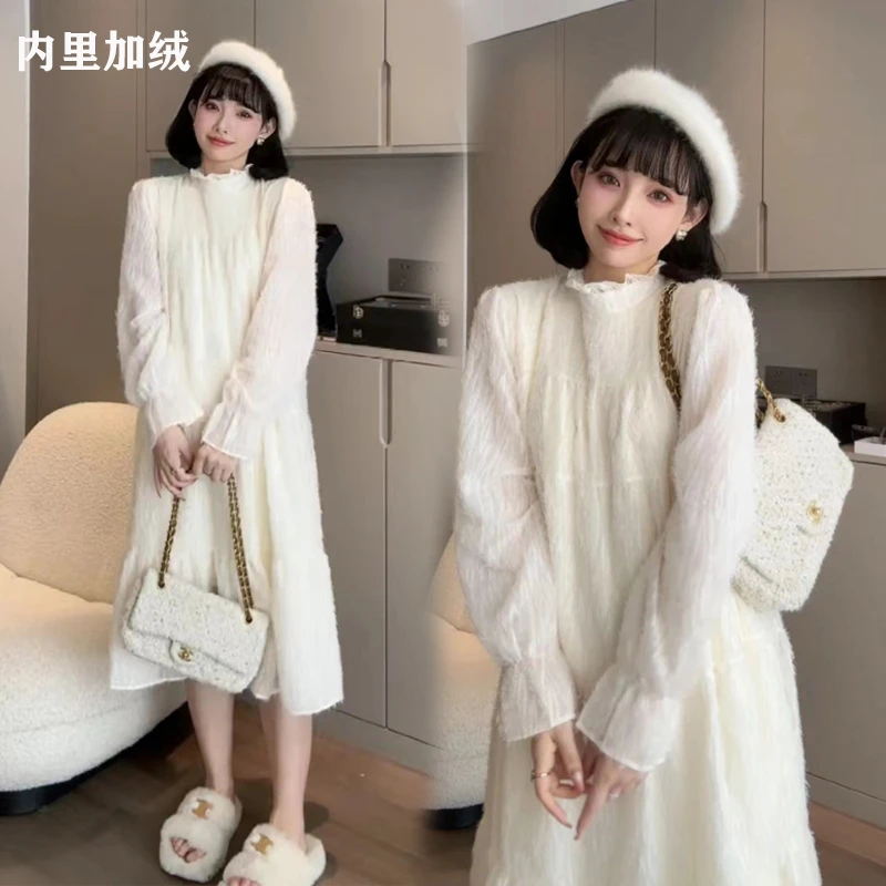孕妇装加绒蕾丝连衣裙2023新款冬装宽松时尚洋气打底仙女孕期长裙