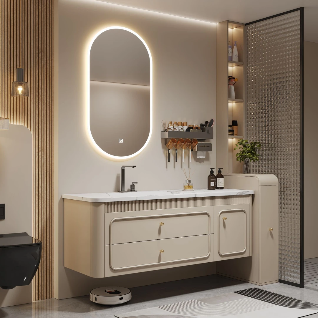 法式橡木烤漆岩板热弯一体盆吊柜浴室柜洗手盆洗脸盆洗手台柜组合