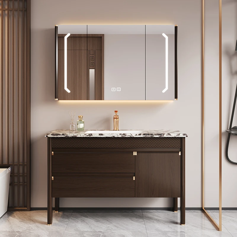家居落地式乌金木天然奢石无缝盆智能浴室柜洗手盆洗脸盆柜组合