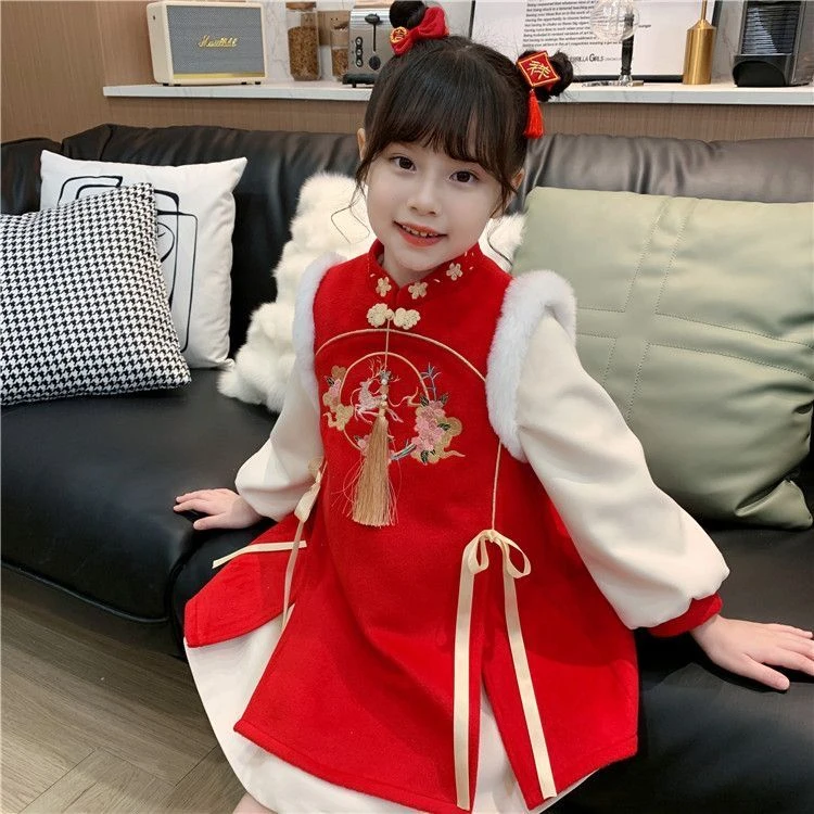 2024款女童汉服加绒冬装唐装新款儿童宝宝过年拜年冬季新年连衣裙
