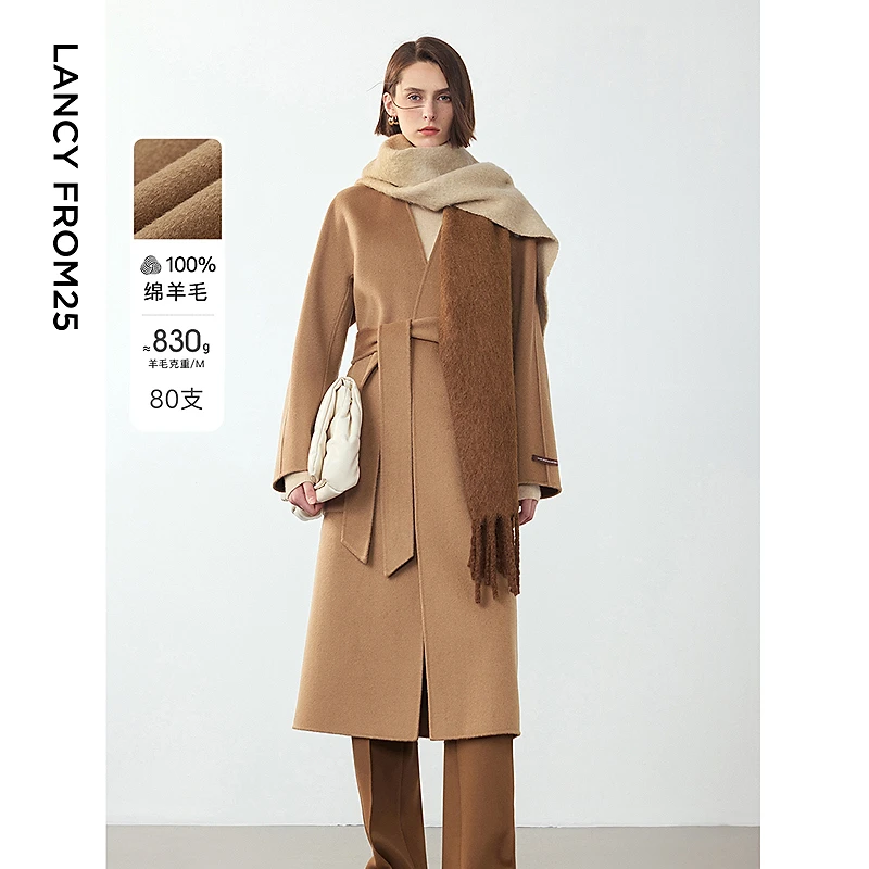 朗姿纯羊毛高级感气质中长款双面呢大衣2024冬季新款加厚毛呢外套