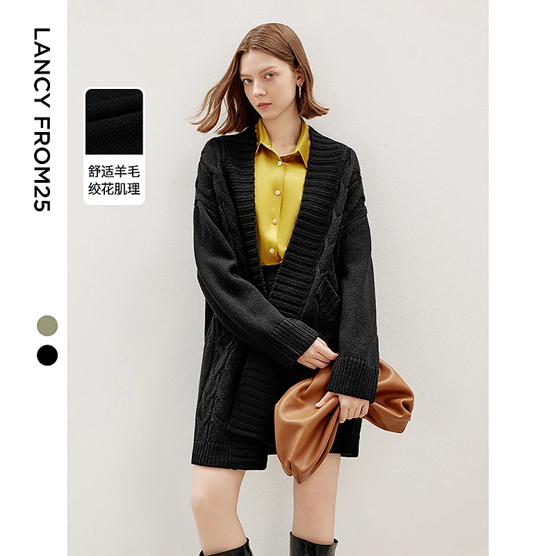 朗姿新品季新款设计感黑色毛针织衫高级感气质法式上衣外套