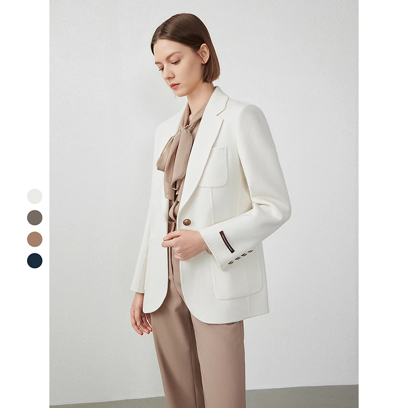 朗姿纯羊毛赫本风休闲通勤职业西装毛呢外套女气质双面呢秋冬新款