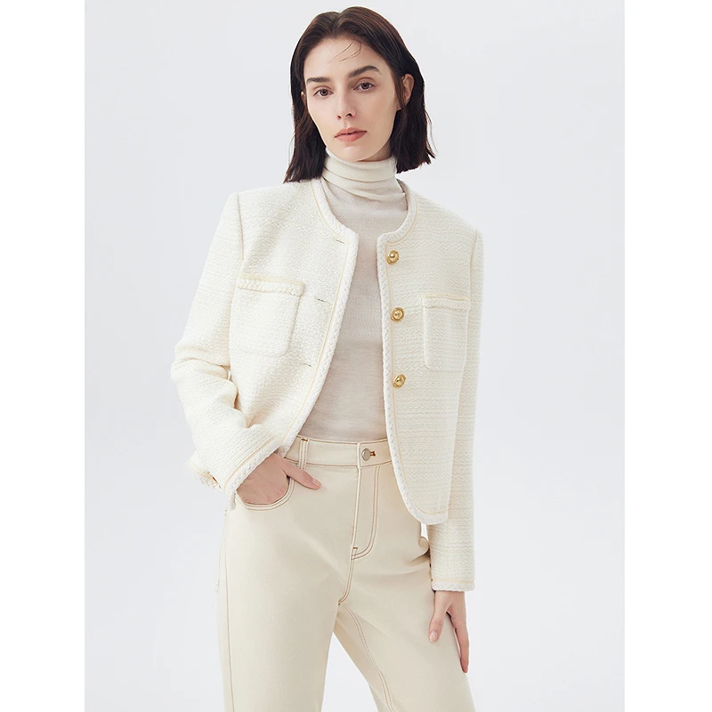 朗姿新品新品法式气质复古小香风白色修身上衣年季新款高级感欧若