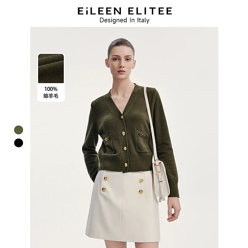 朗姿新品欧洲EiLEEN ELITEE纯羊毛针织衫黑色气质v领上衣24新