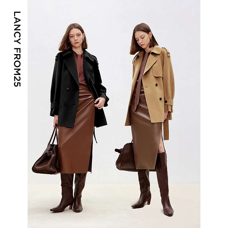朗姿纯羊毛小个子收腰短款气质风衣大衣双面毛呢外套女秋冬新款