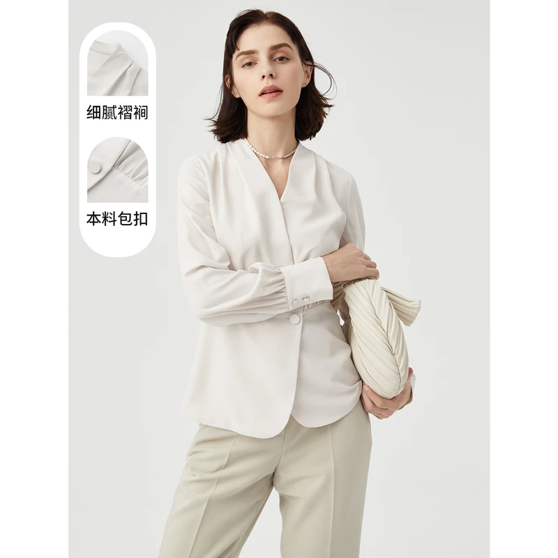 新款朗姿新品法式气质V领白色衬衫衬衣女上衣小众欧若风
