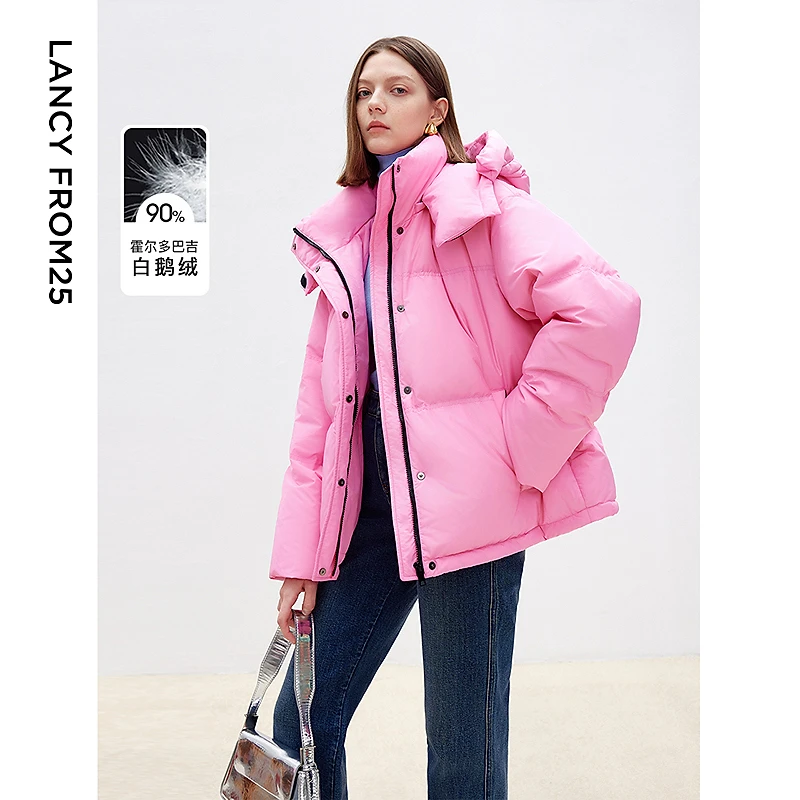 朗姿霍尔多巴吉白鹅绒2024年冬季新款短款粉色羽绒服高端派克服女