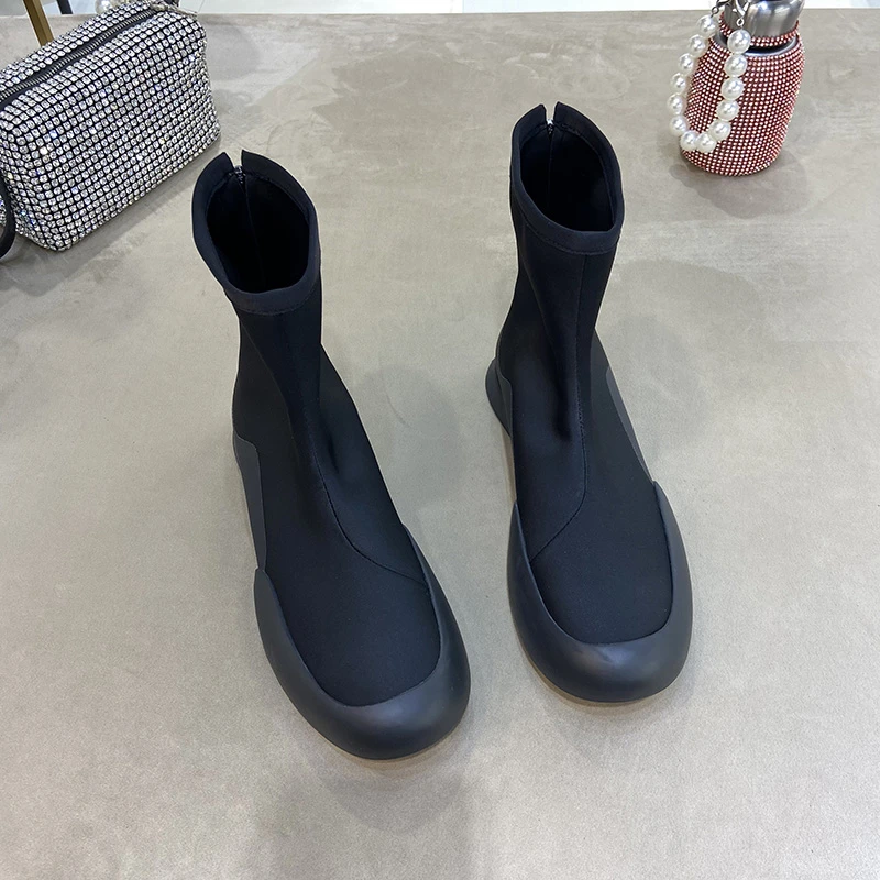 秋冬新款欧美平底瘦瘦靴包头时尚百搭显瘦网红弹力短靴圆头