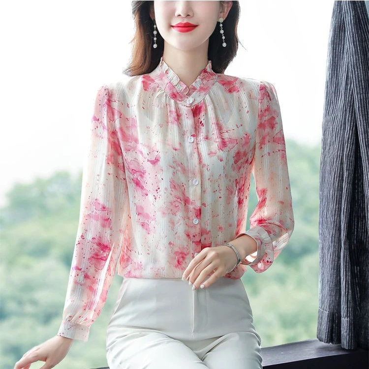 早春新款长袖印花雪纺衬衫女气质修身花色显瘦雪纺衫上衣打底衫女