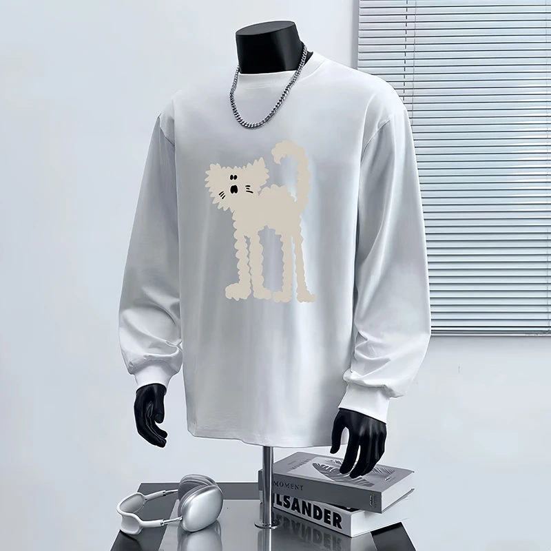 赫库森【重磅纯棉】秋冬新款潮流宽松圆领休闲打底衫印花男长袖T恤