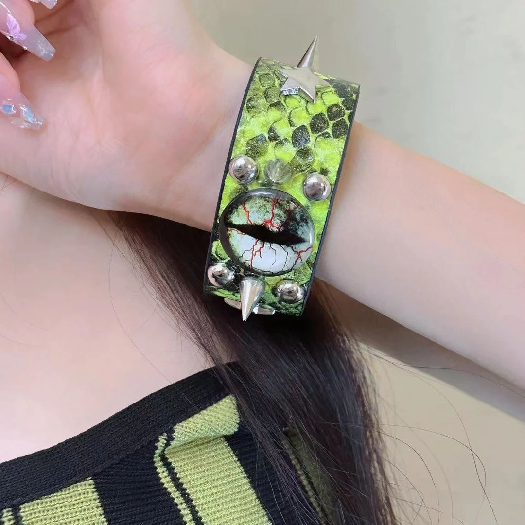 铜合金皮质手链  暗黑朋克绿色蛇纹眼睛摇滚皮革铆钉小众时尚手环