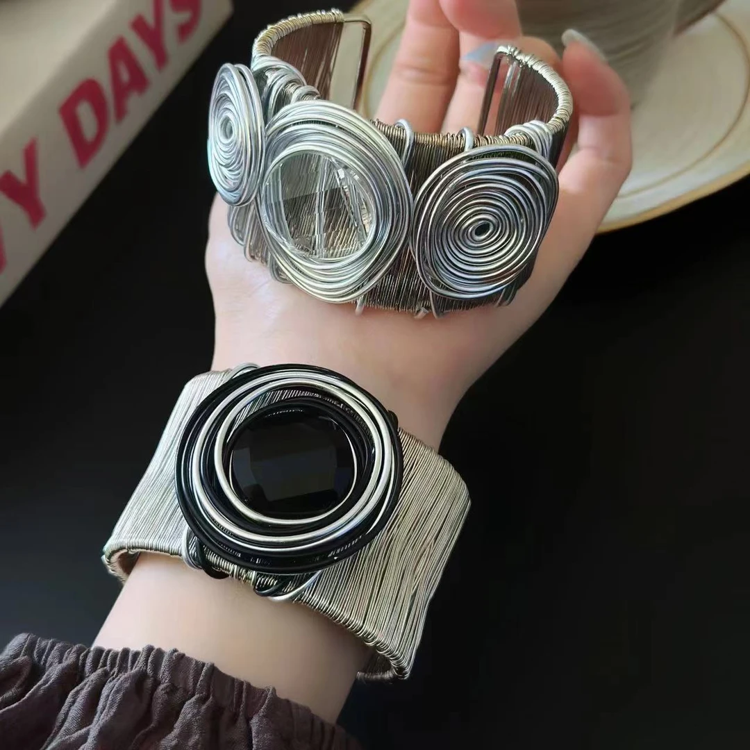 合金仿水晶手镯 中古小众编织水晶镶嵌金属线开口手镯女气质手环