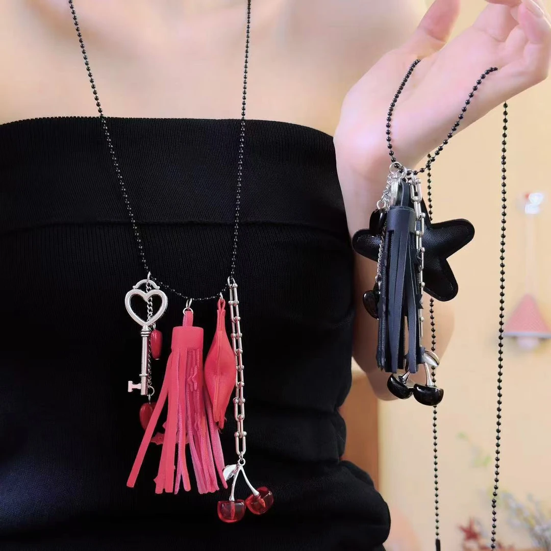 铜合金项链 甜酷星星皮质钥匙流苏项链女时尚简约个性秋冬毛衣链