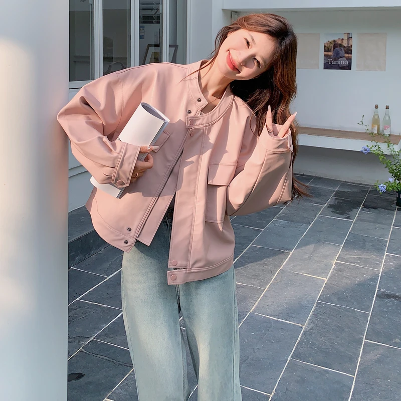 粉色皮衣外套女小个子2025新款今年流行宽松显瘦口袋机车服皮夹克