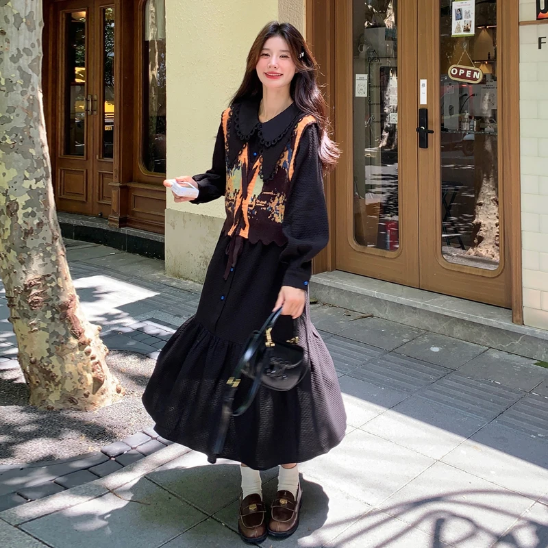 娃娃领宽松套装女2025新款入秋减龄穿搭一整套马甲长裙两件套潮