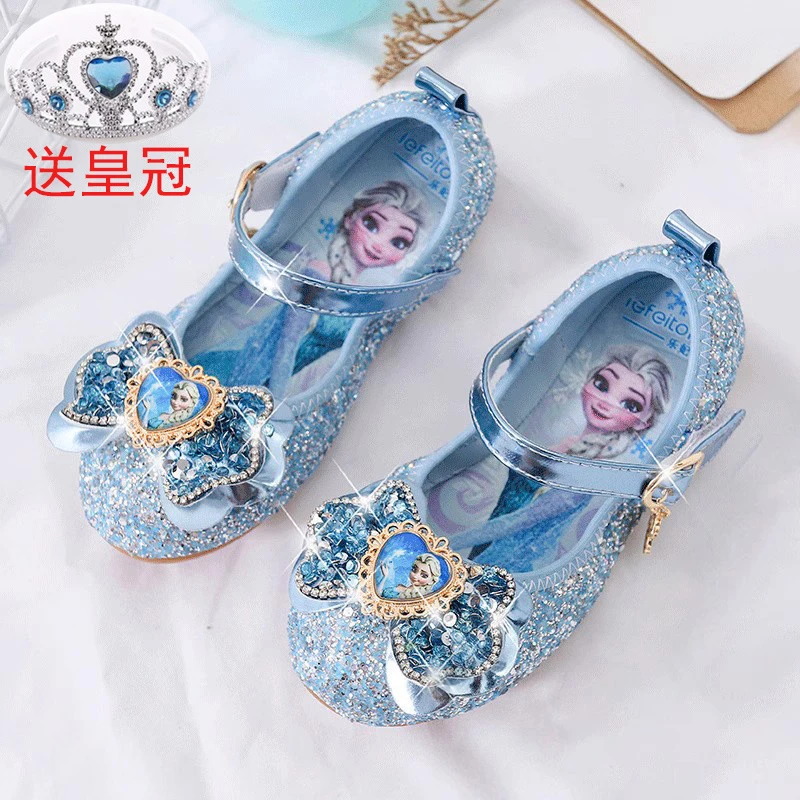 女童公主鞋春秋爱莎水晶软底女宝小皮鞋洋气女孩单鞋艾莎儿童鞋子