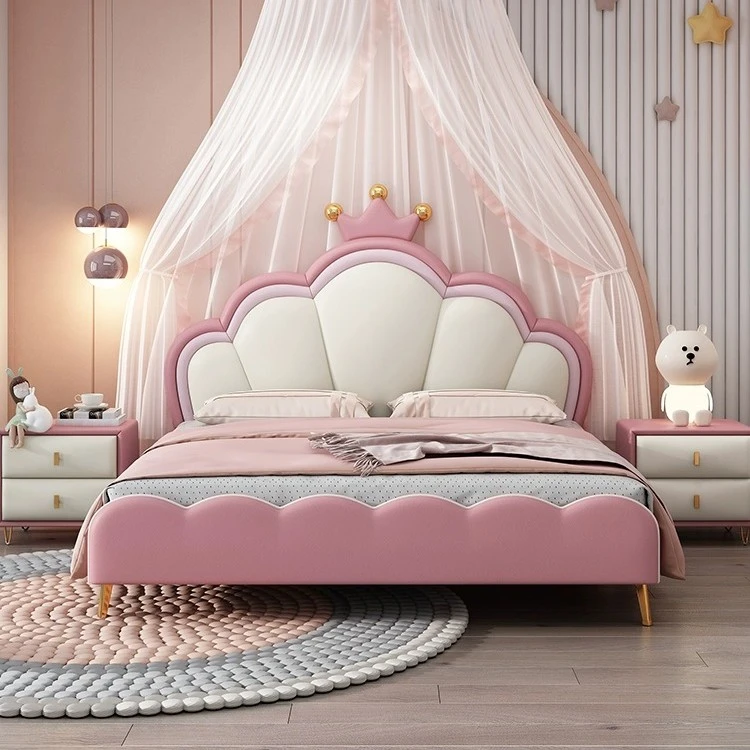 皇冠儿童床粉色床儿童房奶油风简约可爱软包卧室床公主床