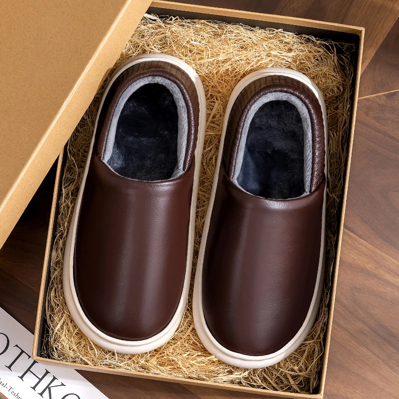 真皮面防水居家拖鞋男士全包带跟保暖防滑家用牛皮拖鞋女加绒外穿