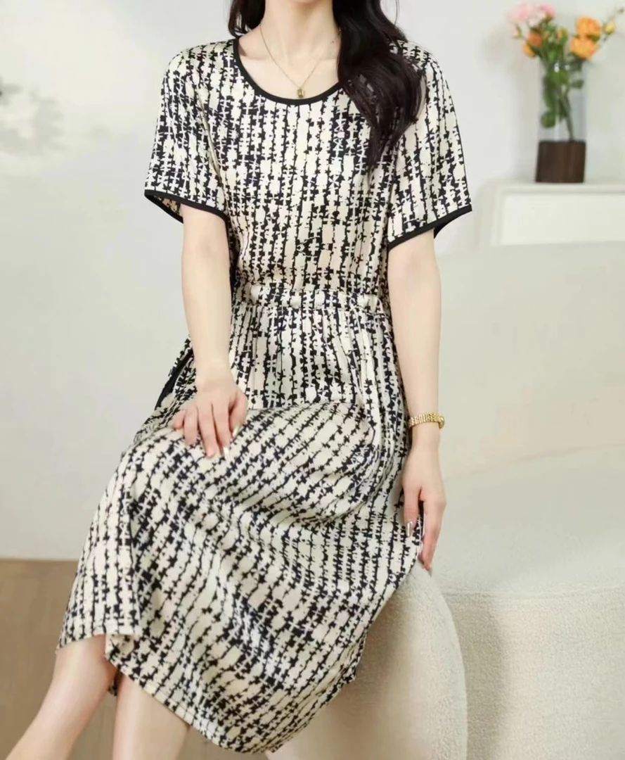 5479-2024新中式V领时尚气质国风圆领短袖连衣裙