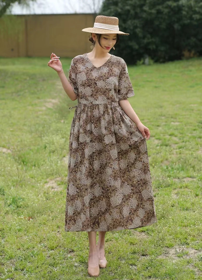 女装连衣裙.竹节棉麻夏季碎花宽松连衣裙